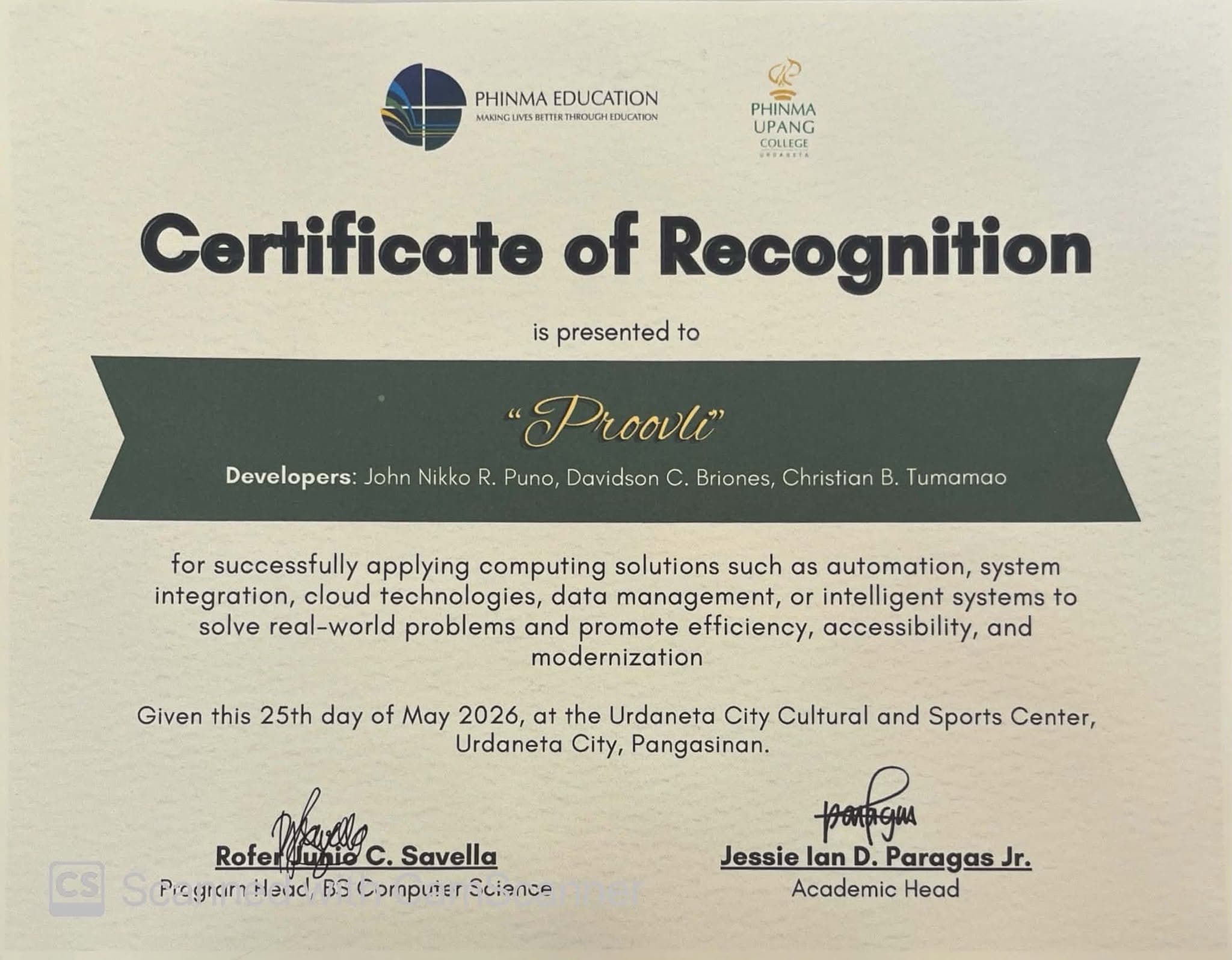 Certificate of Recognition awarded to Proovli by PHINMA Education and PHINMA UPANG College Urdaneta.